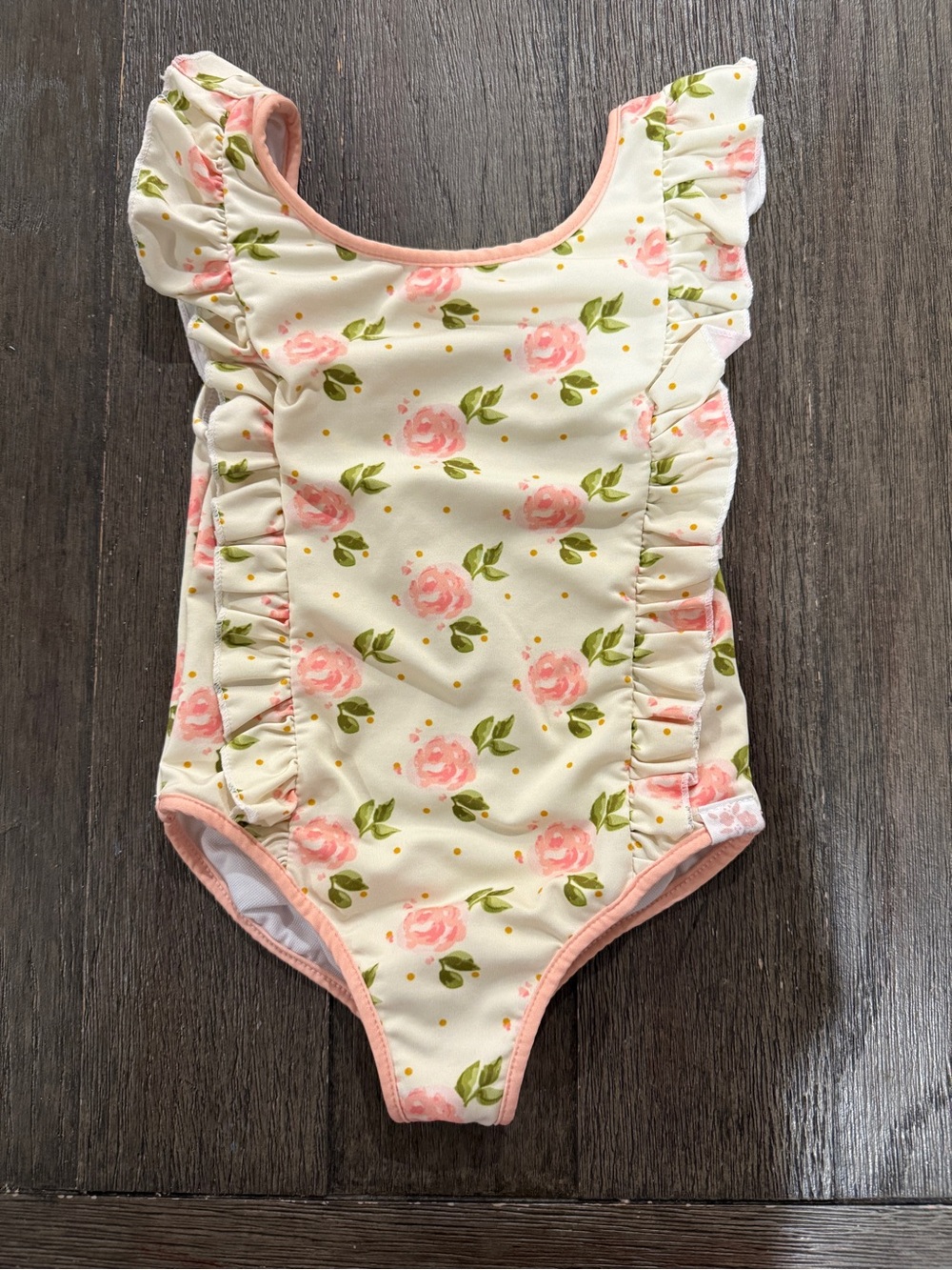 SweetHoney Cream Swim Suit with Pink Rose Ruffle Detail
